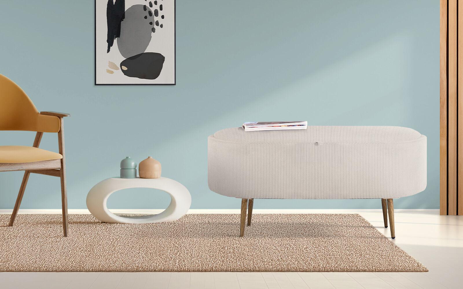 Coffee Table Storage Ottoman - Corduroy Padded Blanket Box Bench ESME CREAM.