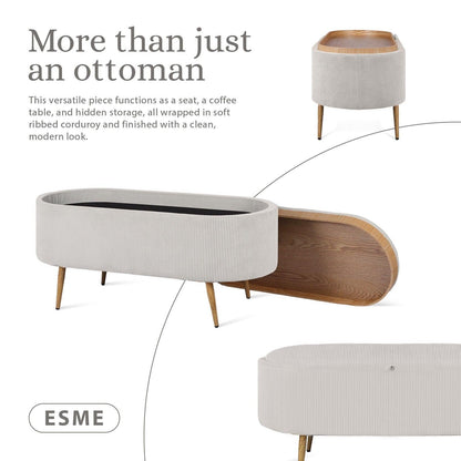 Coffee Table Storage Ottoman - Corduroy Padded Blanket Box Bench ESME CREAM.