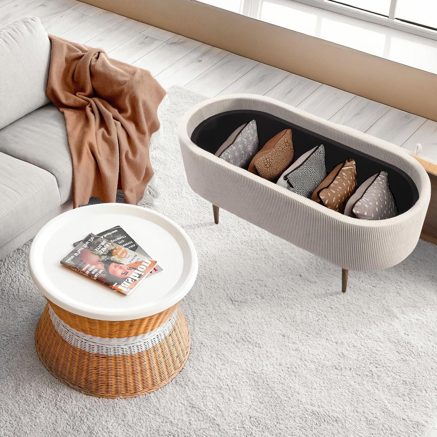 Coffee Table Storage Ottoman - Corduroy Padded Blanket Box Bench ESME CREAM.