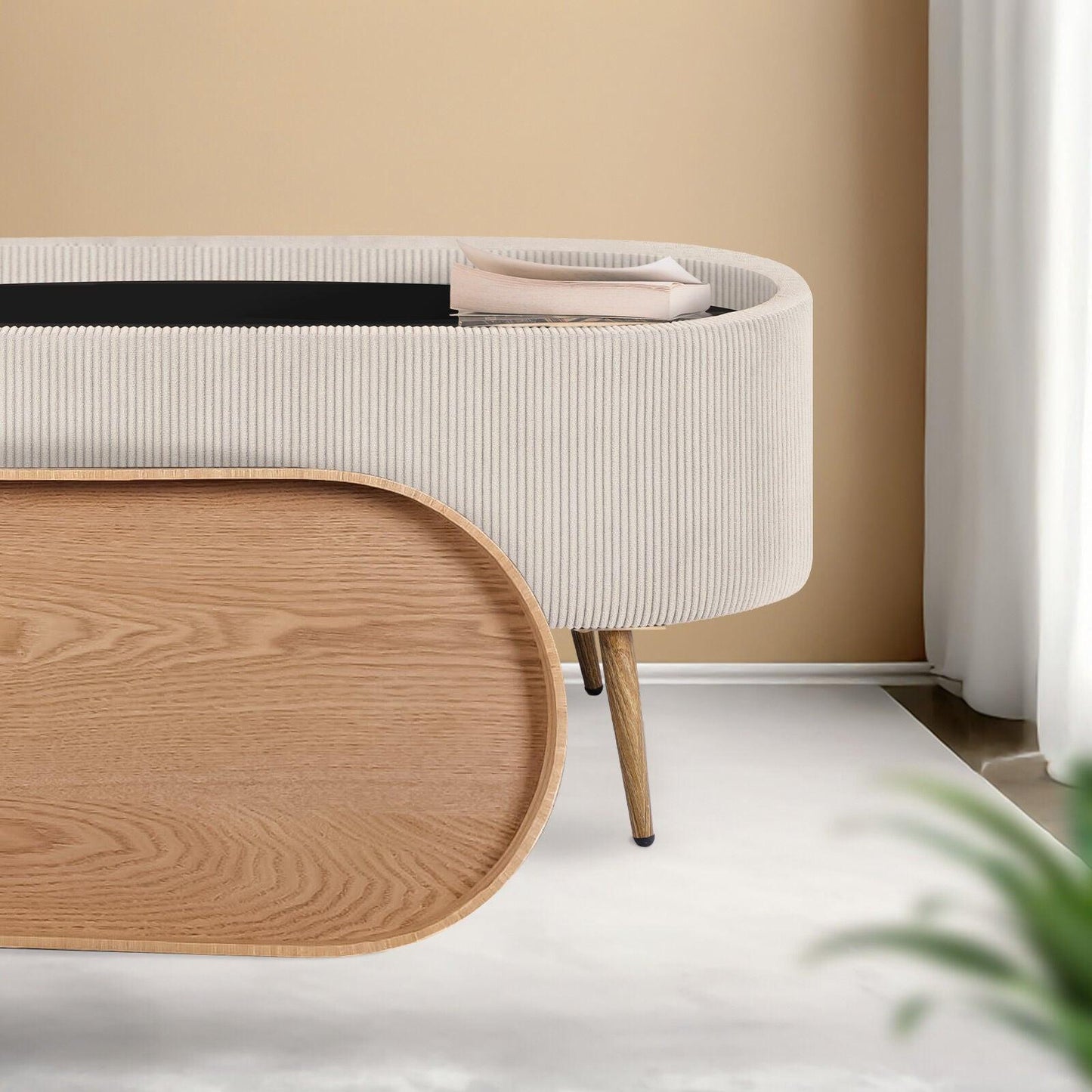 Coffee Table Storage Ottoman - Corduroy Padded Blanket Box Bench ESME CREAM.