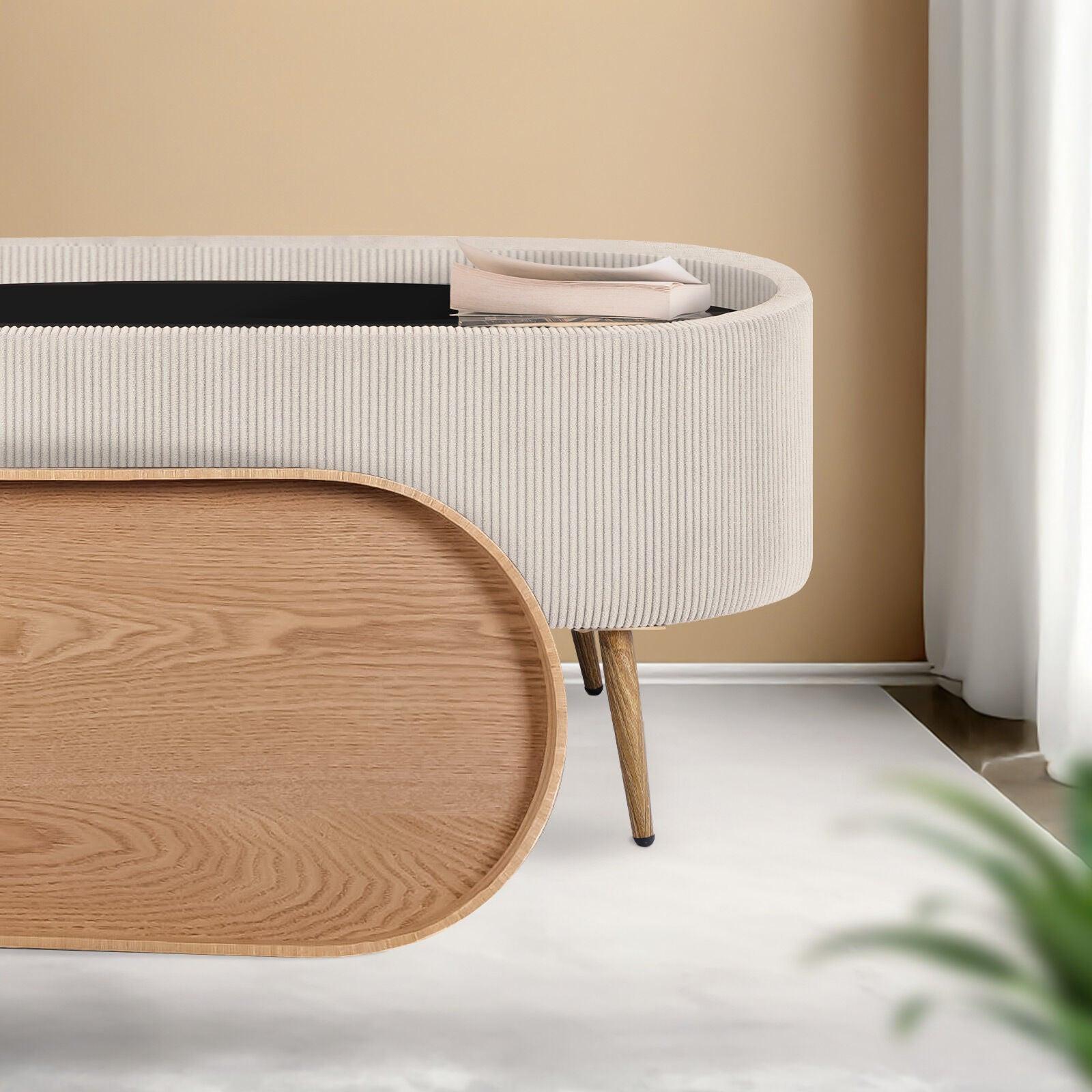 Coffee Table Storage Ottoman - Corduroy Padded Blanket Box Bench ESME CREAM.