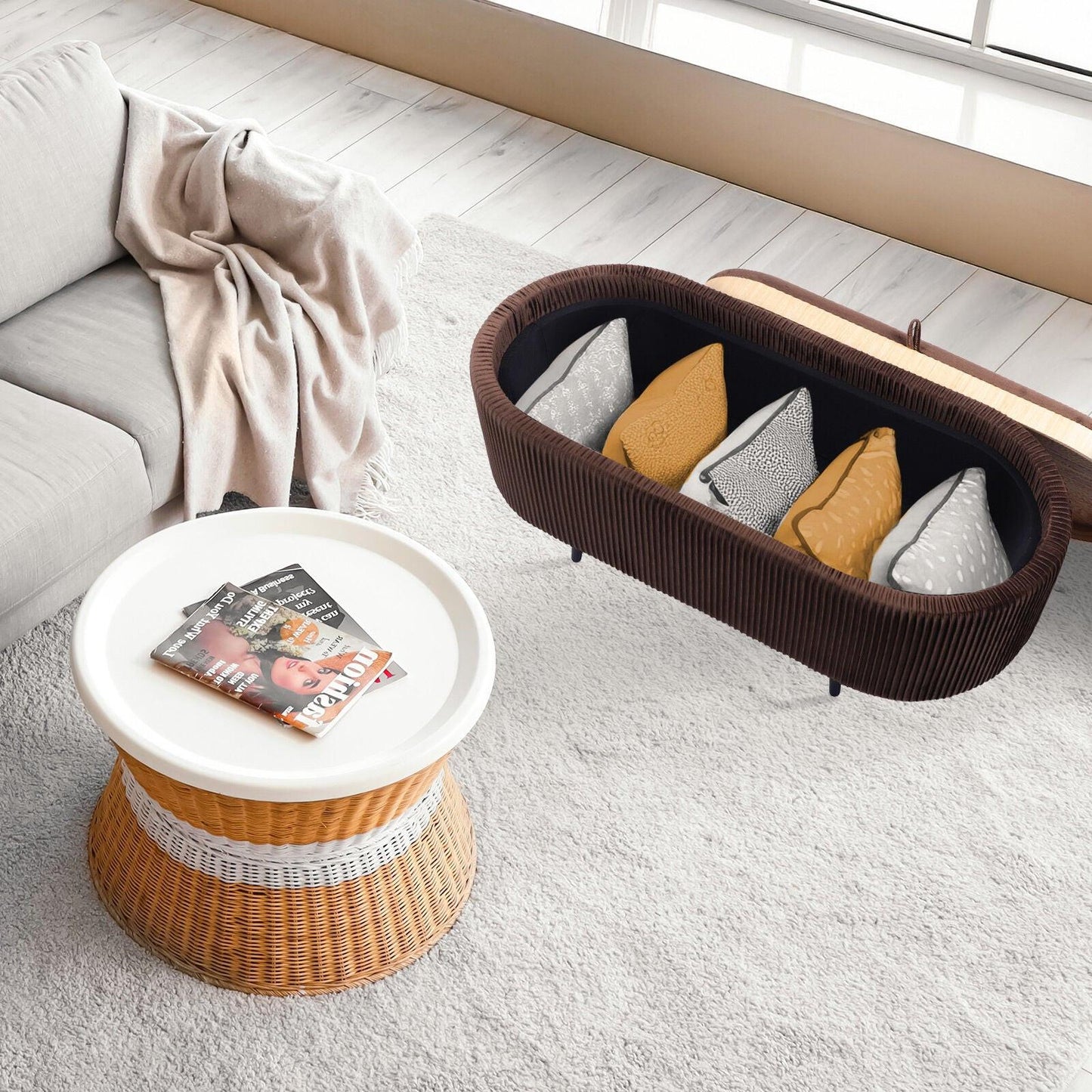Coffee Table Storage Ottoman - Velvet Padded Blanket Box Bench IRENE BROWN.