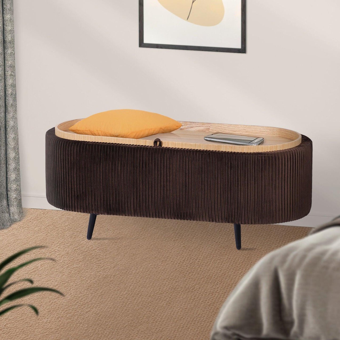 Coffee Table Storage Ottoman - Velvet Padded Blanket Box Bench IRENE BROWN.
