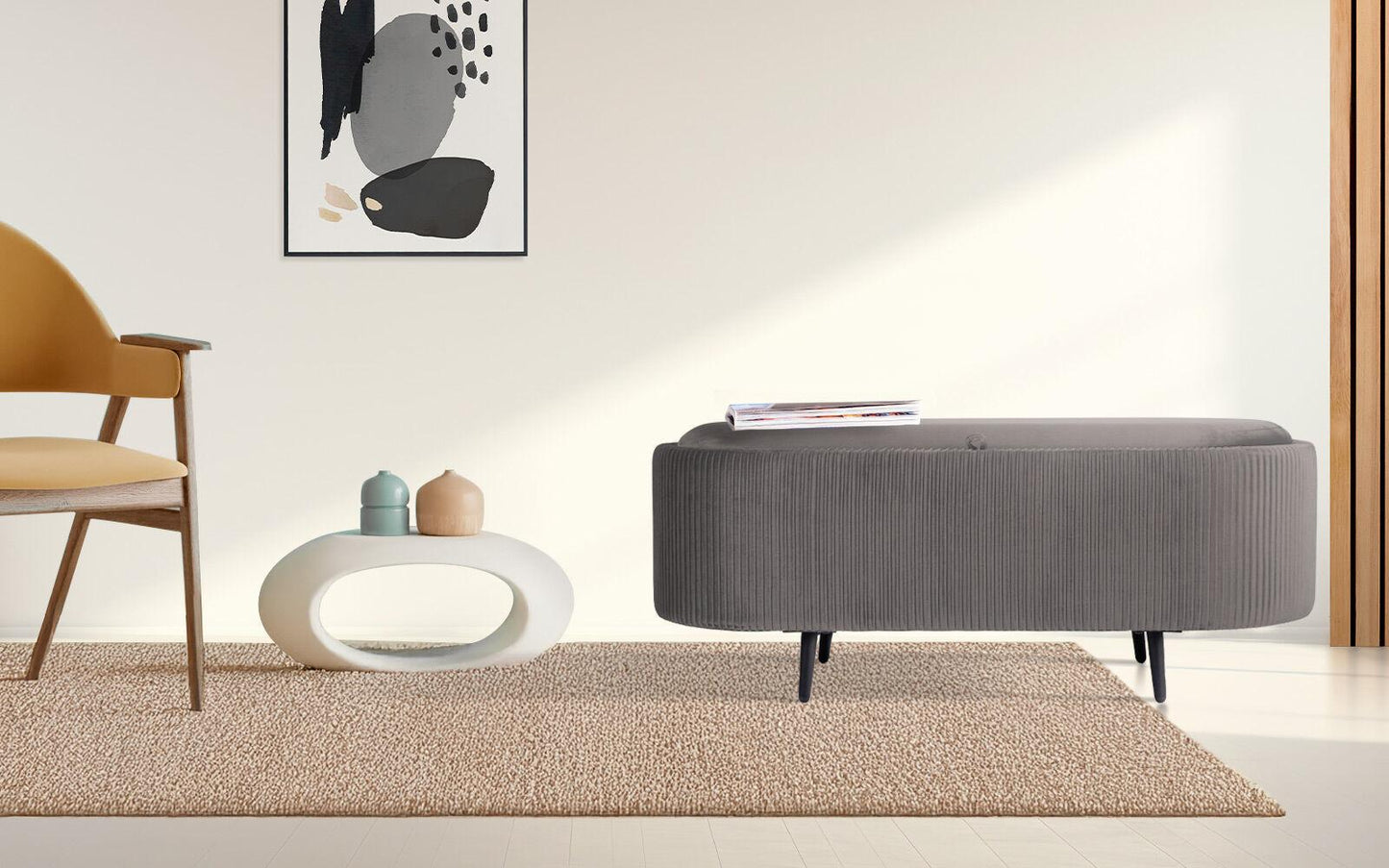 Coffee Table Storage Ottoman - Velvet Padded Blanket Box Bench IRENE GREY.