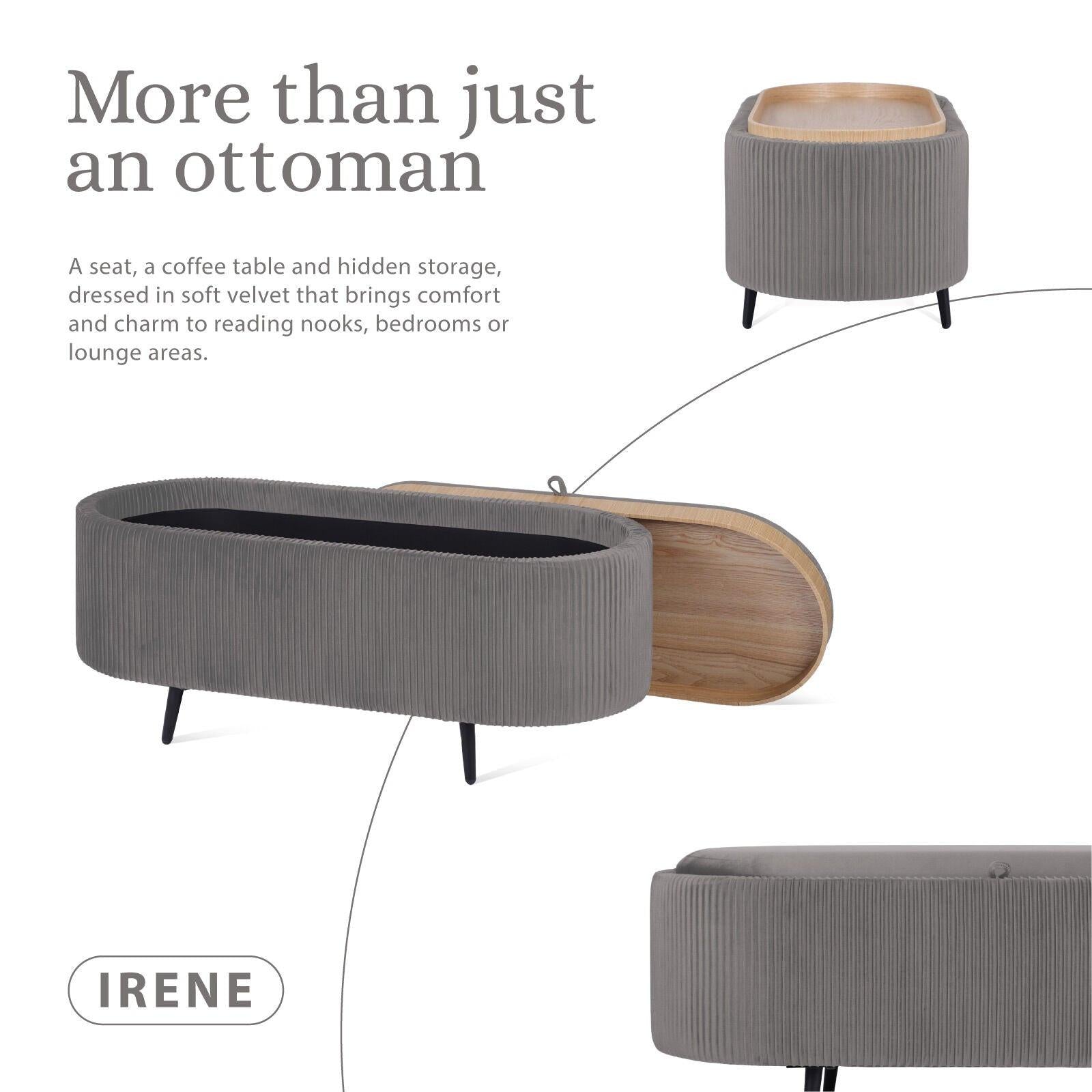 Coffee Table Storage Ottoman - Velvet Padded Blanket Box Bench IRENE GREY.