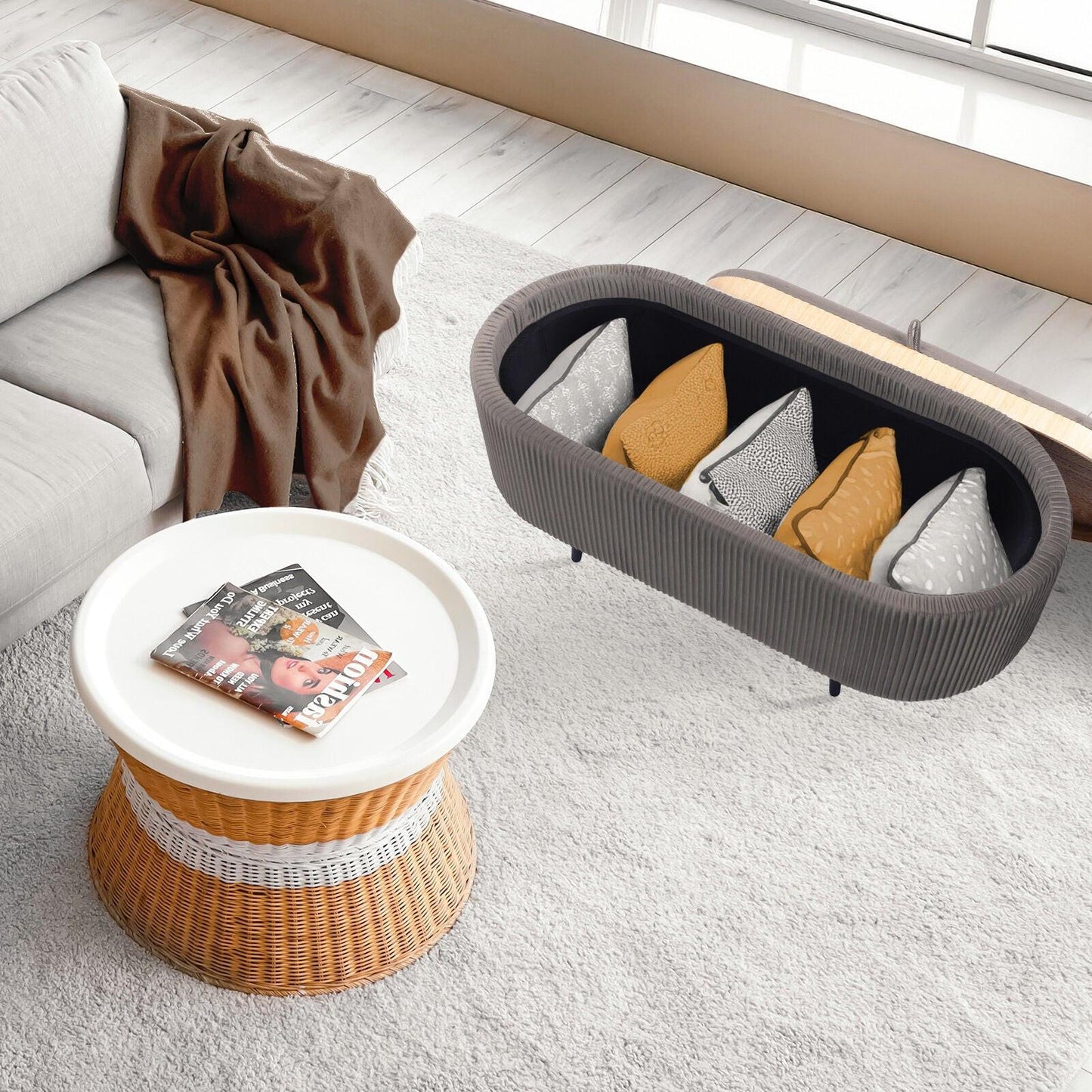 Coffee Table Storage Ottoman - Velvet Padded Blanket Box Bench IRENE GREY.