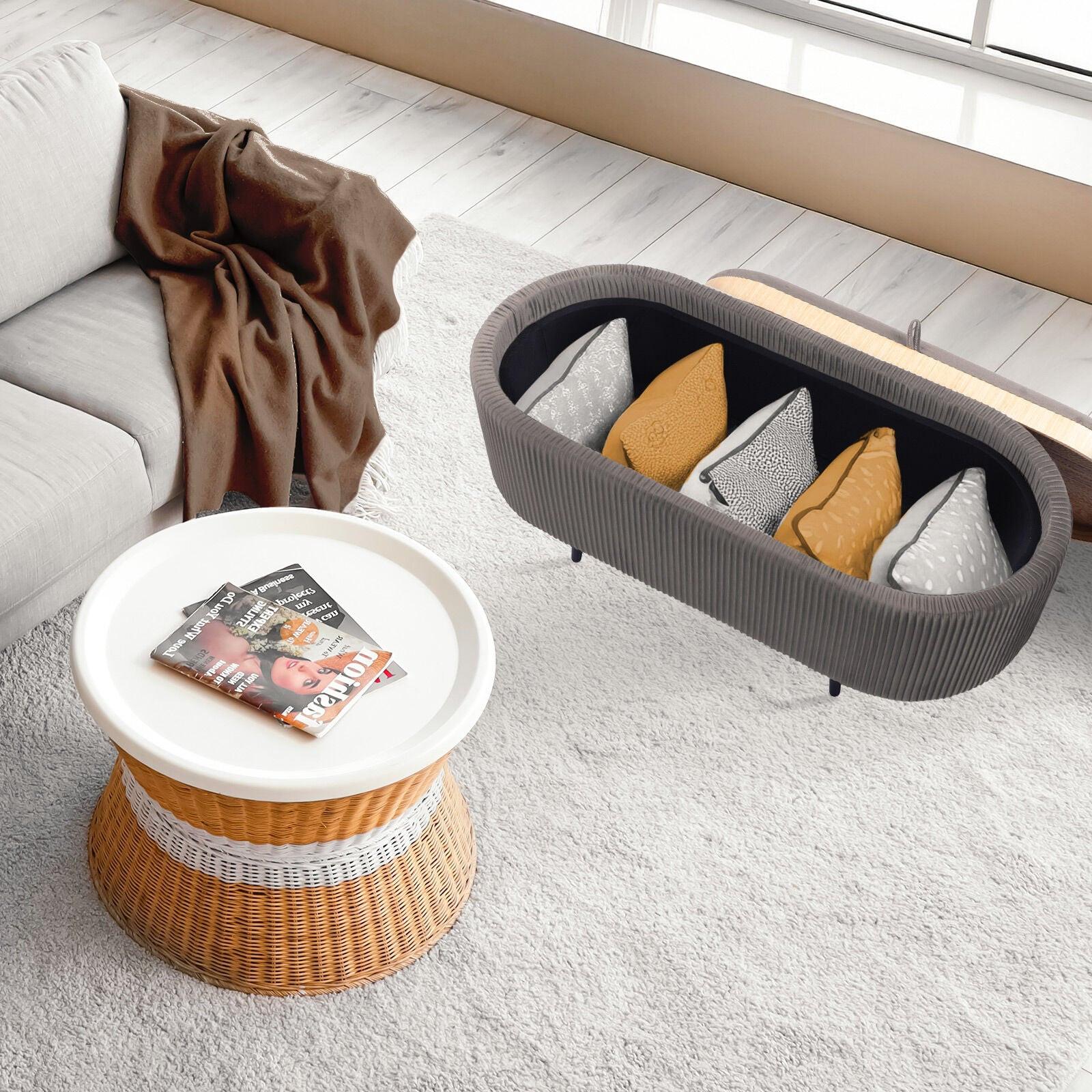 Coffee Table Storage Ottoman - Velvet Padded Blanket Box Bench IRENE GREY.