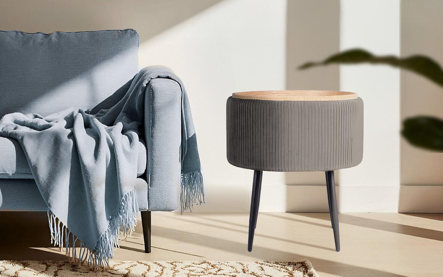 Side Table Storage Ottoman - Velvet Padded Stool Vanity Footstool CLEO GREY.