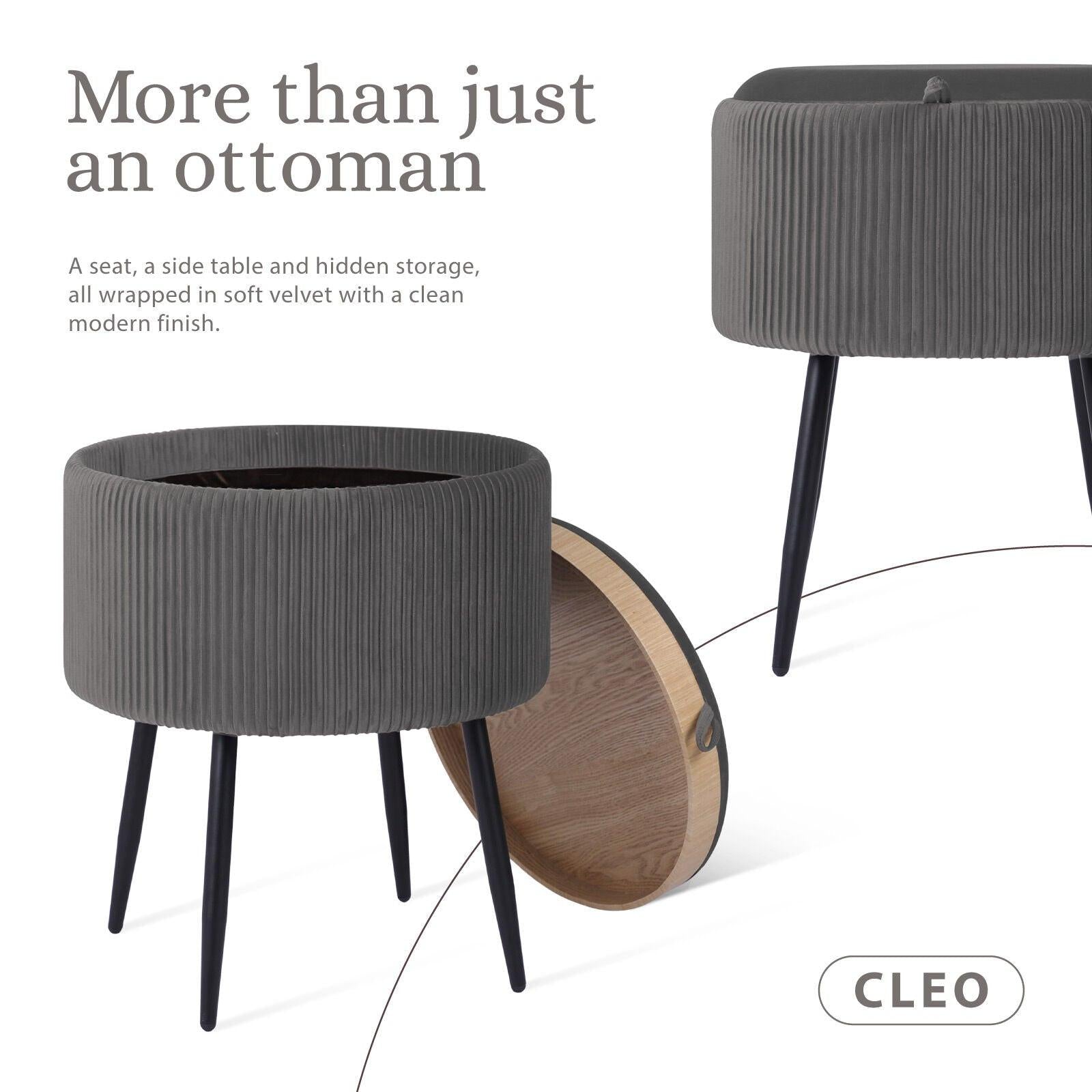Side Table Storage Ottoman - Velvet Padded Stool Vanity Footstool CLEO GREY.