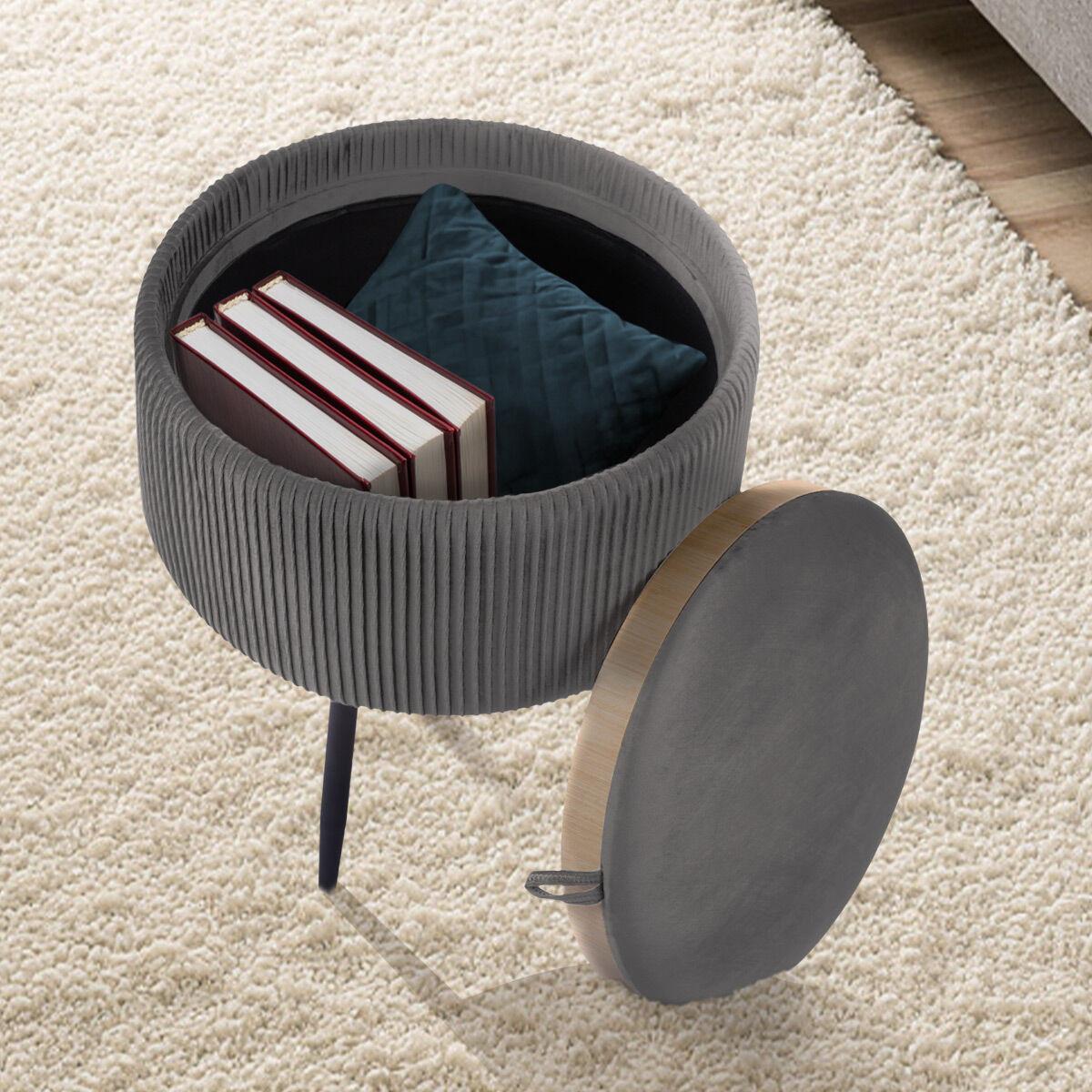 Side Table Storage Ottoman - Velvet Padded Stool Vanity Footstool CLEO GREY.