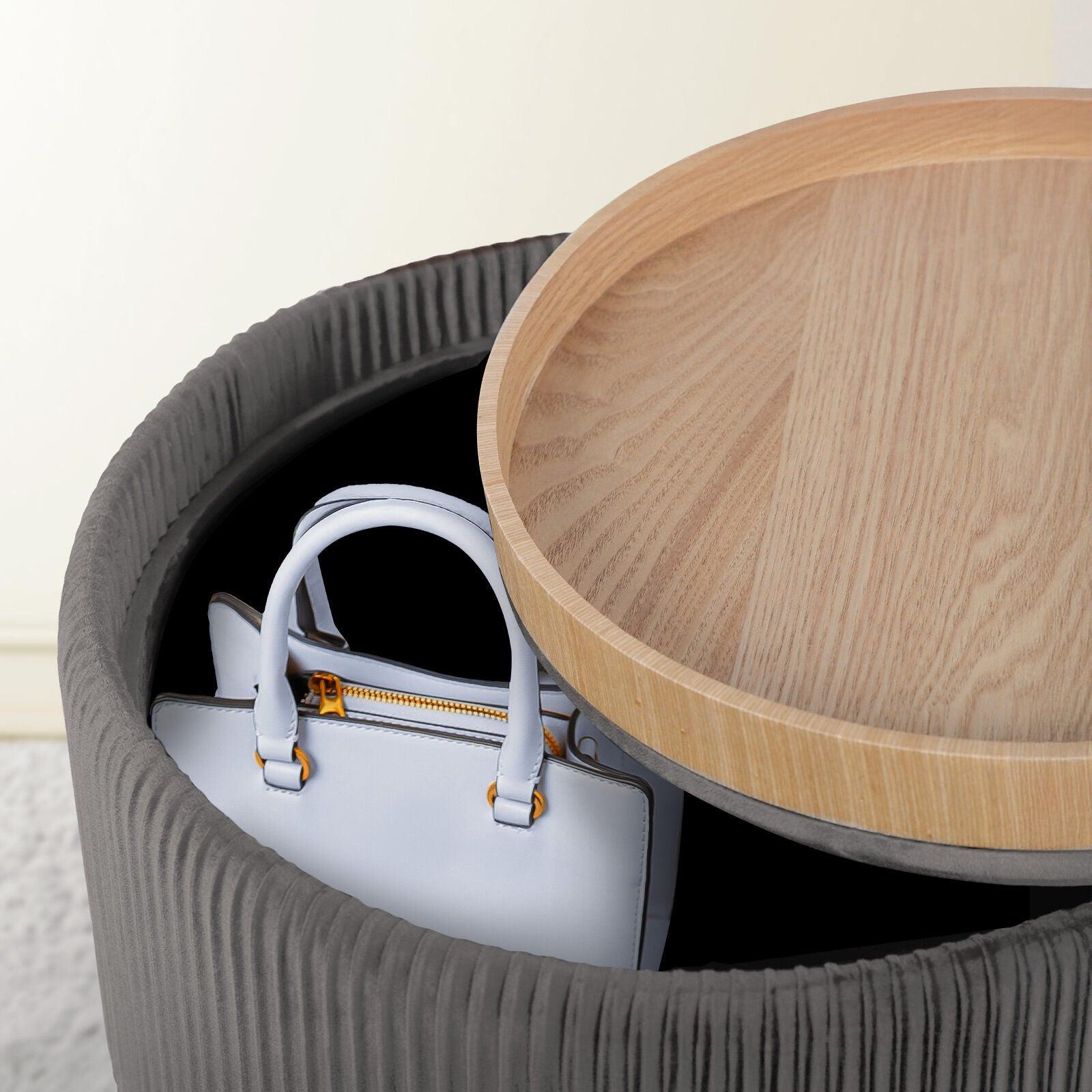 Side Table Storage Ottoman - Velvet Padded Stool Vanity Footstool CLEO GREY.