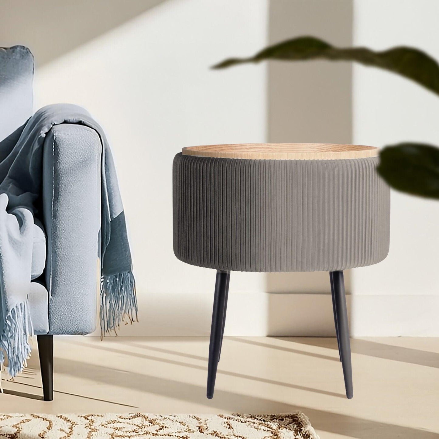 Side Table Storage Ottoman - Velvet Padded Stool Vanity Footstool CLEO GREY.