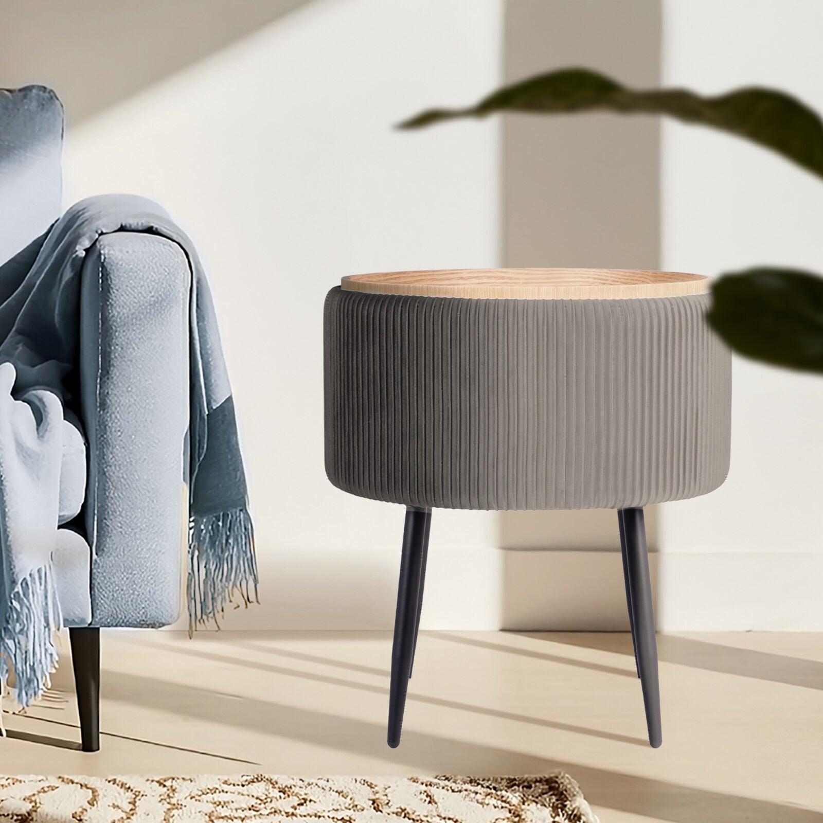 Side Table Storage Ottoman - Velvet Padded Stool Vanity Footstool CLEO GREY.