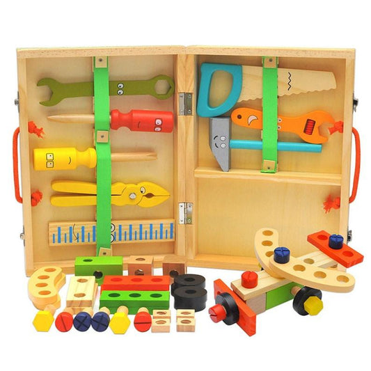 Children's pretend play build fix wood Toolbox Toy, Carpenter Traddie Set For toddlers and kids.