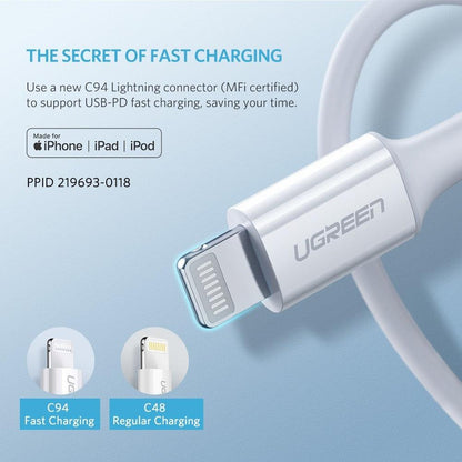 UGREEN 10493 Type-C to MFI iPhone M/M Cable Rubber Shell 1M White.