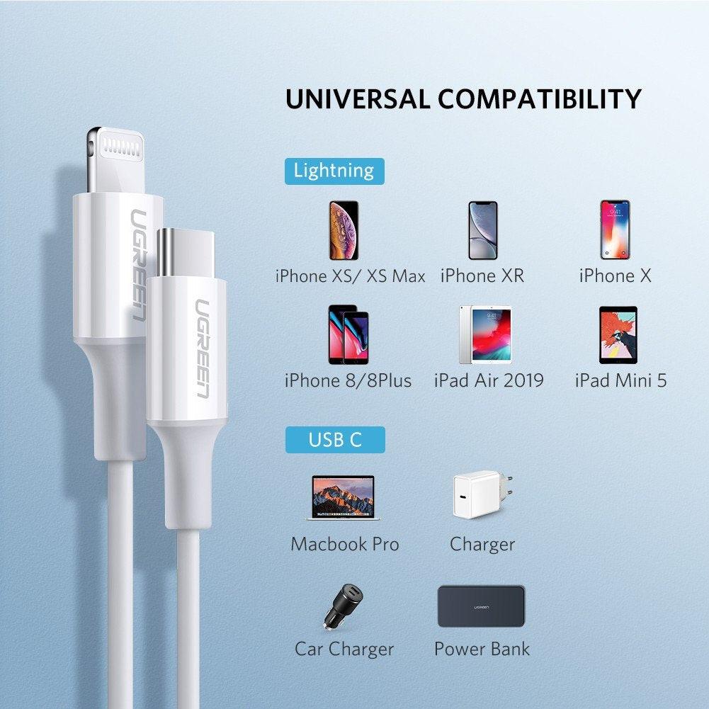 UGREEN 10493 Type-C to MFI iPhone M/M Cable Rubber Shell 1M White.