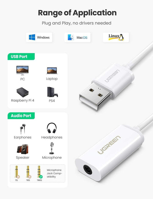 UGREEN USB A Male to 3.5 mm Aux Cable (White).