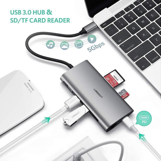 UGREEN Type C 8 in 1 Multifultion adaptor VGA/RJ45/USB3.0 x 3/SD/TF/TypeC PD Protocal (50539).