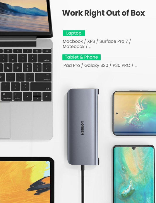 UGREEN USB-C To 3*USB 3.0 A+HDMI+VGA+RJ45 Gigabit+SD/TF+AUX3.5mm+PD Converter Gray with PD 80133.