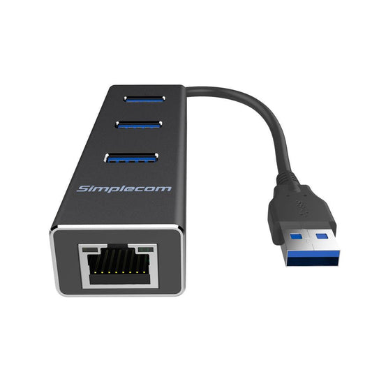 Simplecom CHN410 Aluminium 3 Port USB 3.0 HUB with Gigabit Ethernet Adapter 1000Mbps Black.