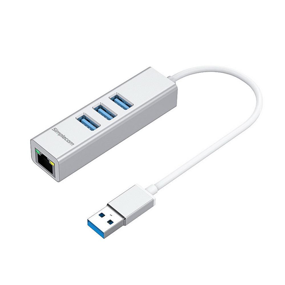 Simplecom CHN420 Aluminium 3 Port SuperSpeed USB HUB with Gigabit Ethernet Adapter Silver.
