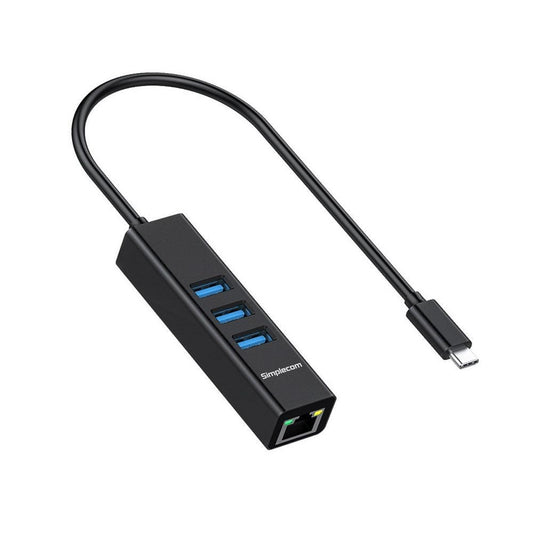 Simplecom CHN421 Aluminium USB-C to 3 Port USB HUB with Gigabit Ethernet Adapter Black.