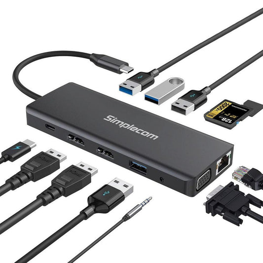Simplecom CHN612 USB-C 12-in-1 Multiport Docking Station Dual HDMI + VGA Triple Display Gigabit LAN.