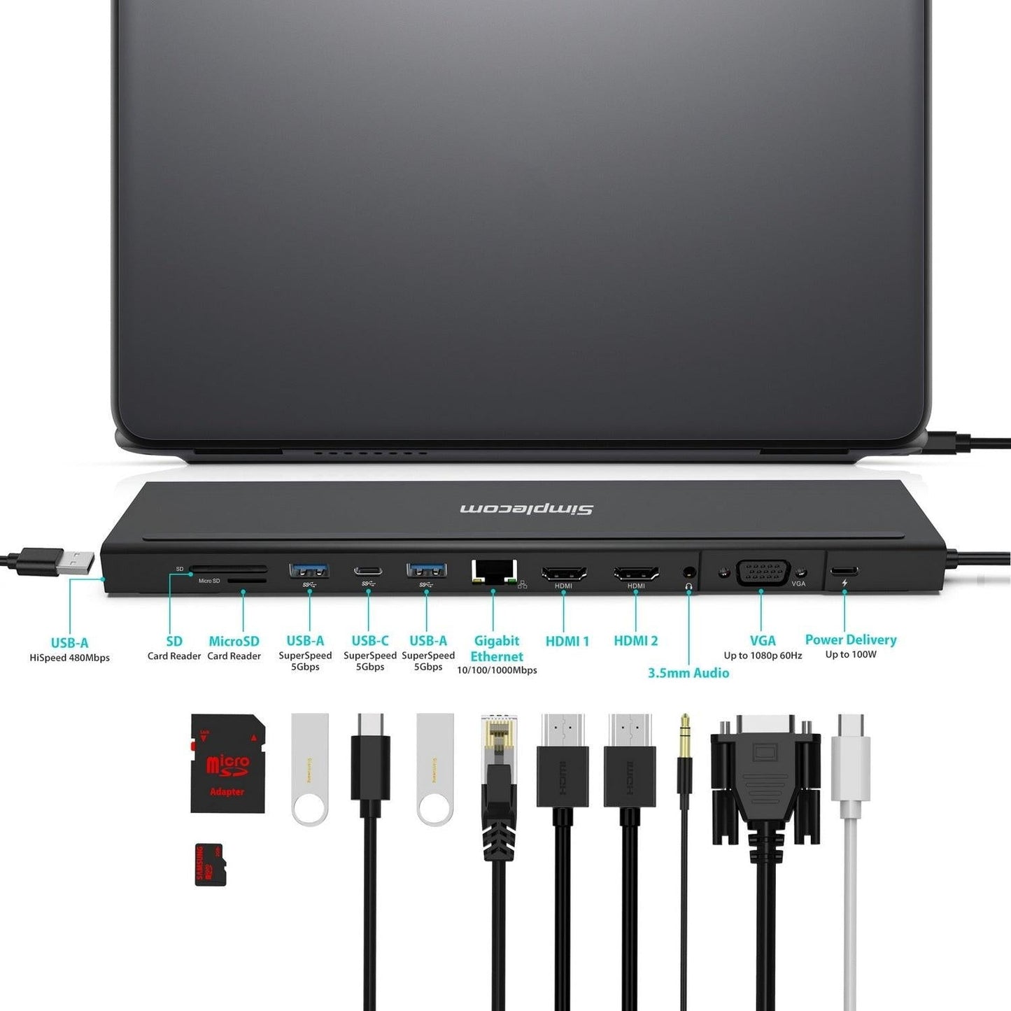 Simplecom CHN622 USB-C 12-in-1 Multiport Docking Station Laptop Stand Dual HDMI + VGA Triple Display Gigabit LAN.