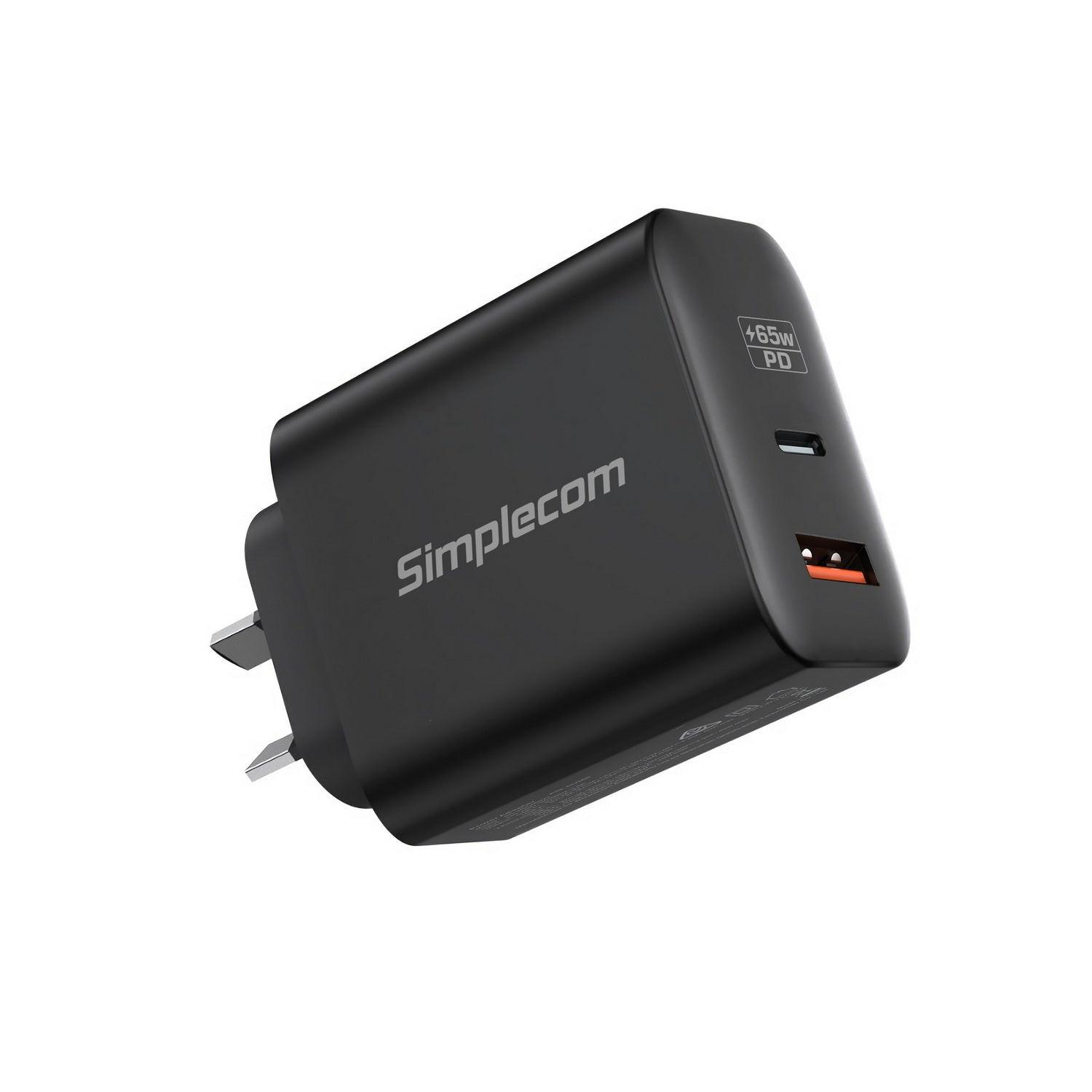 Simplecom CU265 Dual Port PD 65W GaN Fast Wall Charger USB-C + USB-A for Phone Laptop.