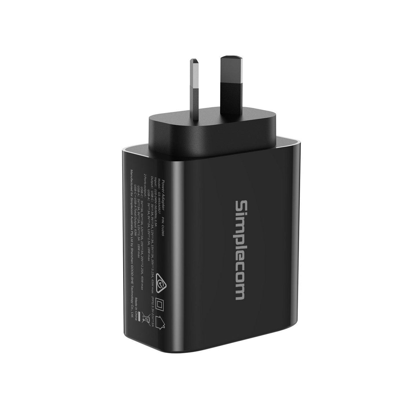 Simplecom CU265 Dual Port PD 65W GaN Fast Wall Charger USB-C + USB-A for Phone Laptop.