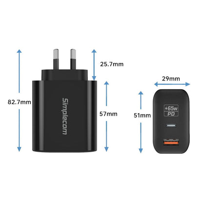 Simplecom CU265 Dual Port PD 65W GaN Fast Wall Charger USB-C + USB-A for Phone Laptop.