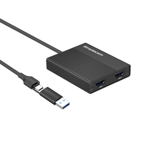 Simplecom DA369 USB 3.0 or USB-C to Dual 4K HDMI 2.0 Display Adapter for 2x 4K@60Hz Extended Screens.
