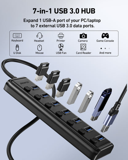 BENFEI 000425BK USB3.0 to 7 Port USB3.0 HUB (Black)