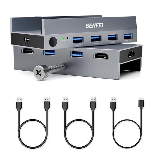 BENFEI 000355GY USB 3.0 HDMI KVM Switch(8K@60Hz) with 4 USB 3.0 Ports for 2 Computers Sharing Monitor Keyboard Mouse.