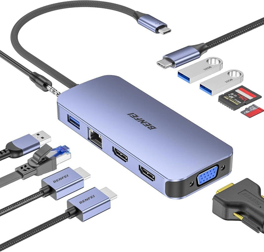 BENFEI 000359GY  11-in-1 USB C Hub Triple Display Docking Station Dual HDMI, VGA, 3xUSB 3.0, 10Gbps.