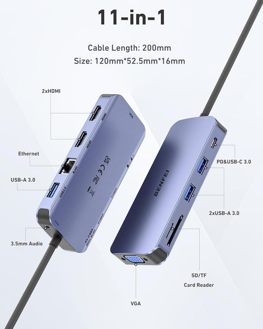 BENFEI 000359GY 11-in-1 USB C Hub Triple Display Docking Station Dual HDMI, VGA, 3xUSB 3.0, 10Gbps.