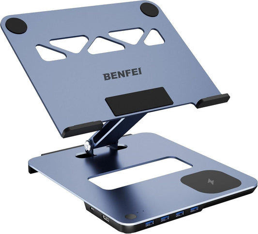 BENFEI 000366GY Laptop Stand with USB C Hub, Multi Function With USB and KVM Switch and 15W Wireless Charger.