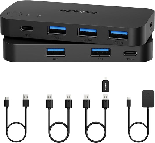 BENFEI 000376BK USB 3.0 Switch, USB Switcher 2 Computers Share 3xUSB 3.0 and 1xUSB C with Remote.