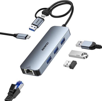 BENFEI 000386GY USB-C + USB 3.0 to Gigabit RJ45 + 3 Port USB 3.0 Hub Compatible with Mac.