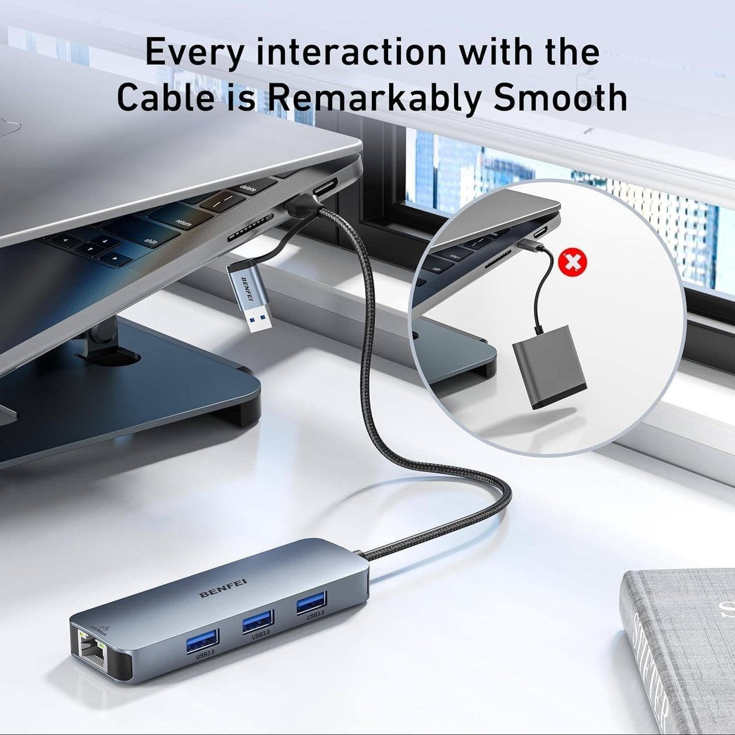 BENFEI 000386GY USB-C + USB 3.0 to Gigabit RJ45 + 3 Port USB 3.0 Hub Compatible with Mac.