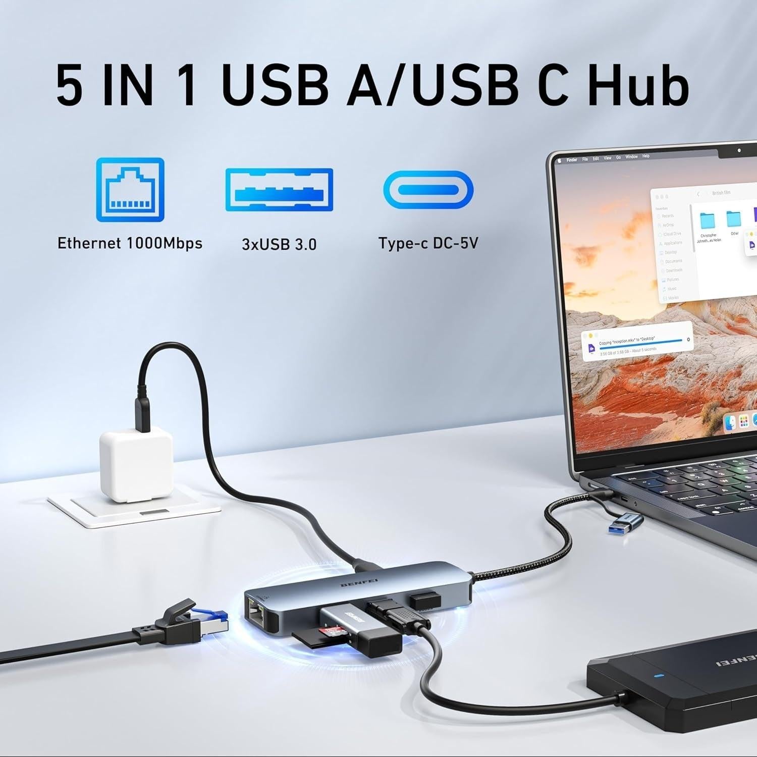 BENFEI 000386GY USB-C + USB 3.0 to Gigabit RJ45 + 3 Port USB 3.0 Hub Compatible with Mac.