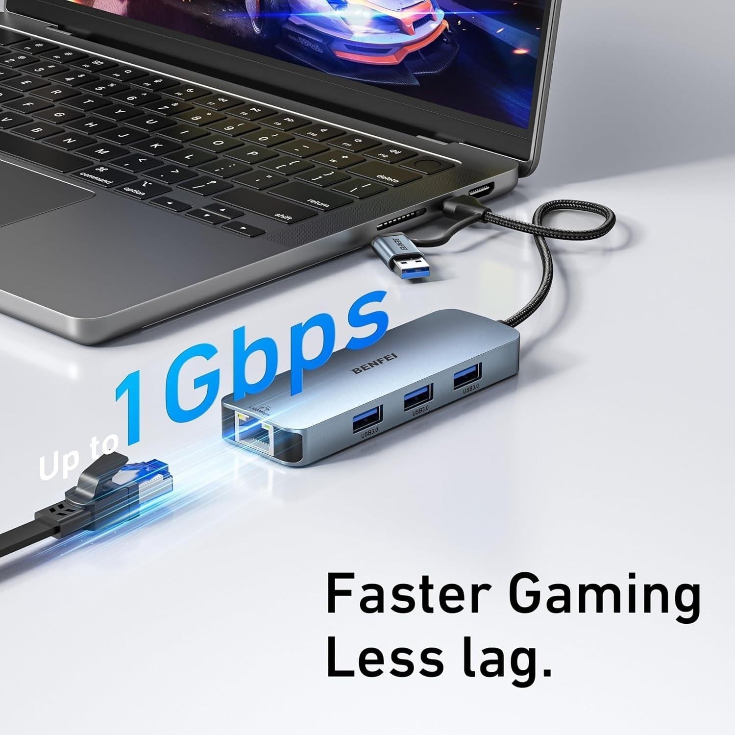 BENFEI 000386GY USB-C + USB 3.0 to Gigabit RJ45 + 3 Port USB 3.0 Hub Compatible with Mac.