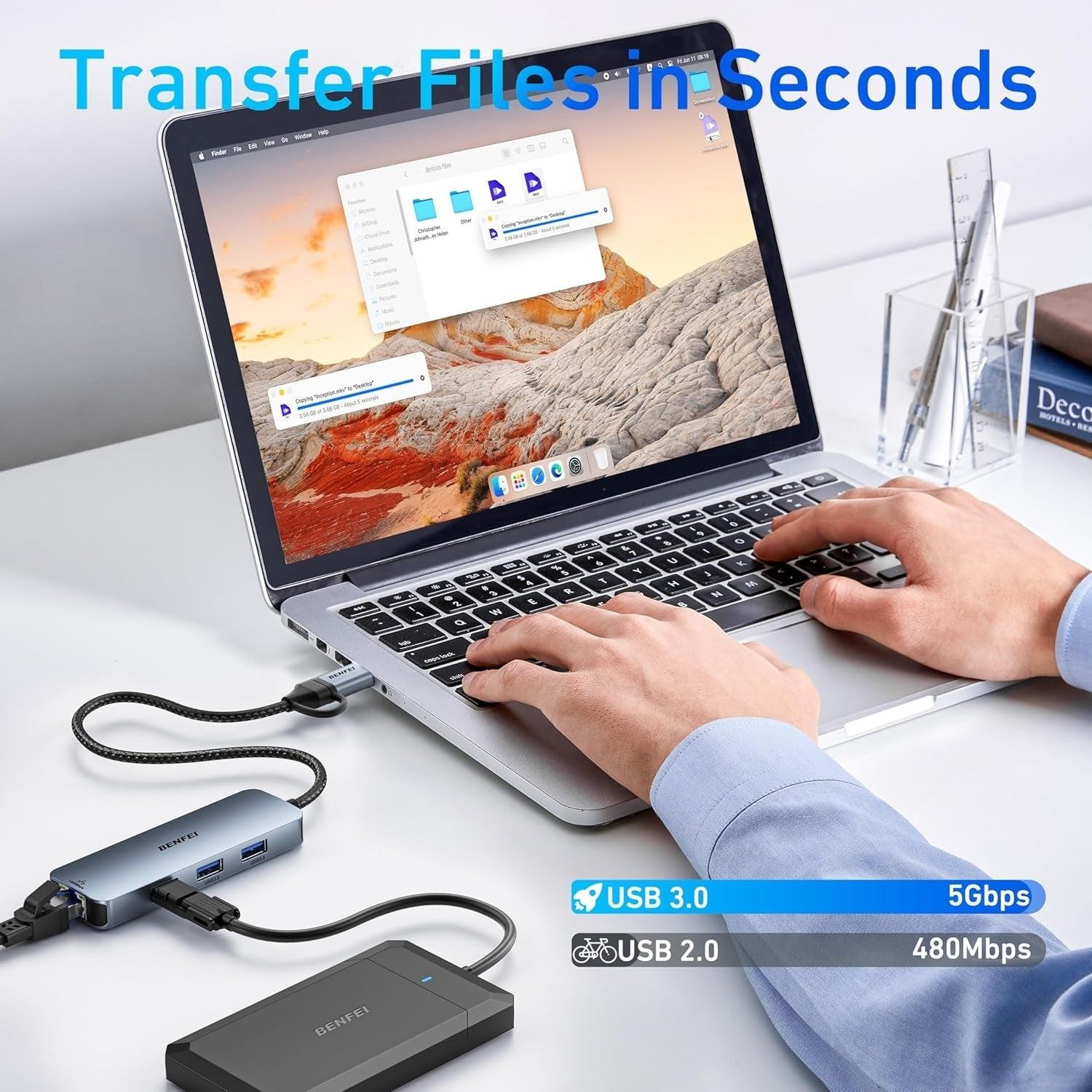 BENFEI 000386GY USB-C + USB 3.0 to Gigabit RJ45 + 3 Port USB 3.0 Hub Compatible with Mac.