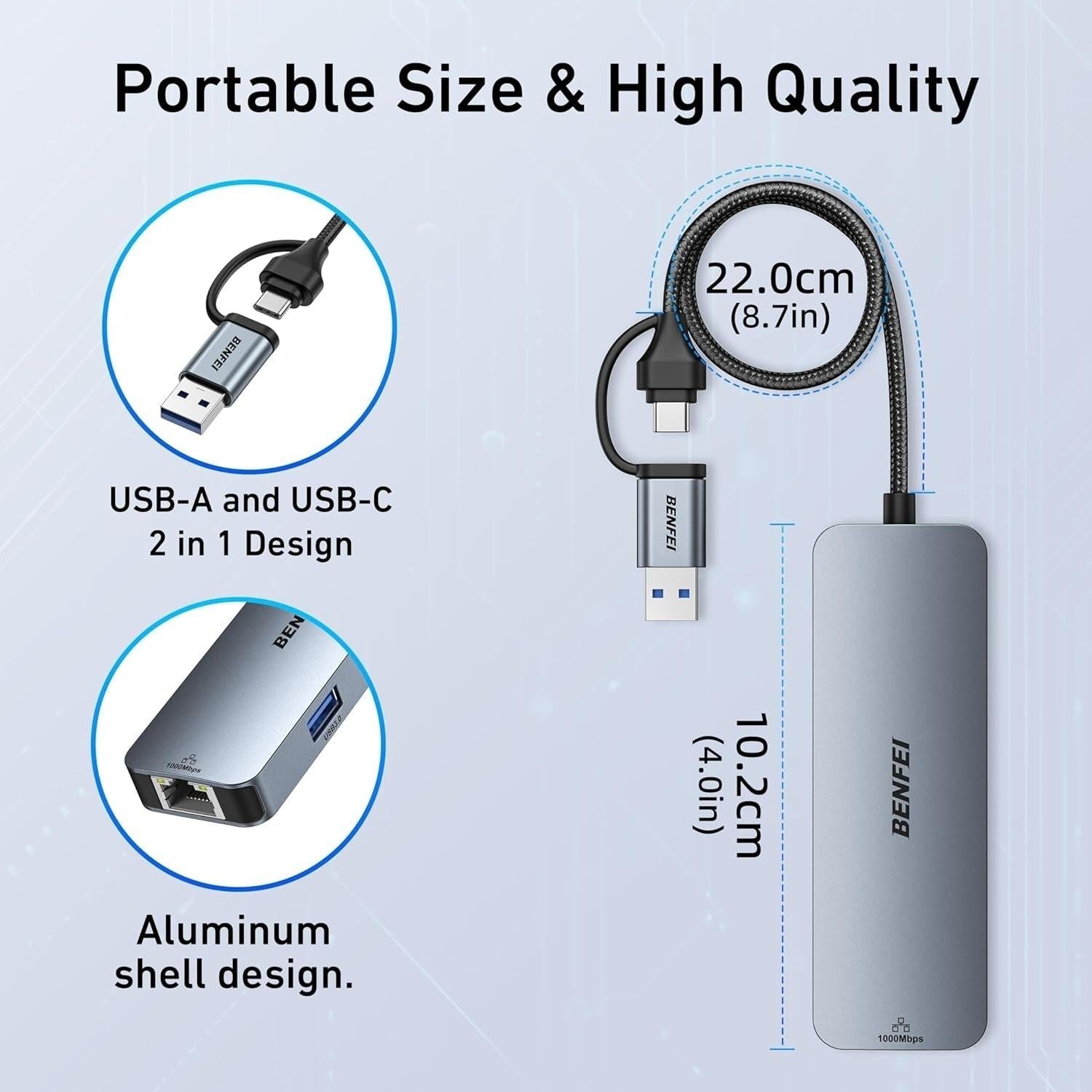 BENFEI 000386GY USB-C + USB 3.0 to Gigabit RJ45 + 3 Port USB 3.0 Hub Compatible with Mac.