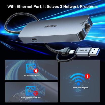 BENFEI 000386GY USB-C + USB 3.0 to Gigabit RJ45 + 3 Port USB 3.0 Hub Compatible with Mac.
