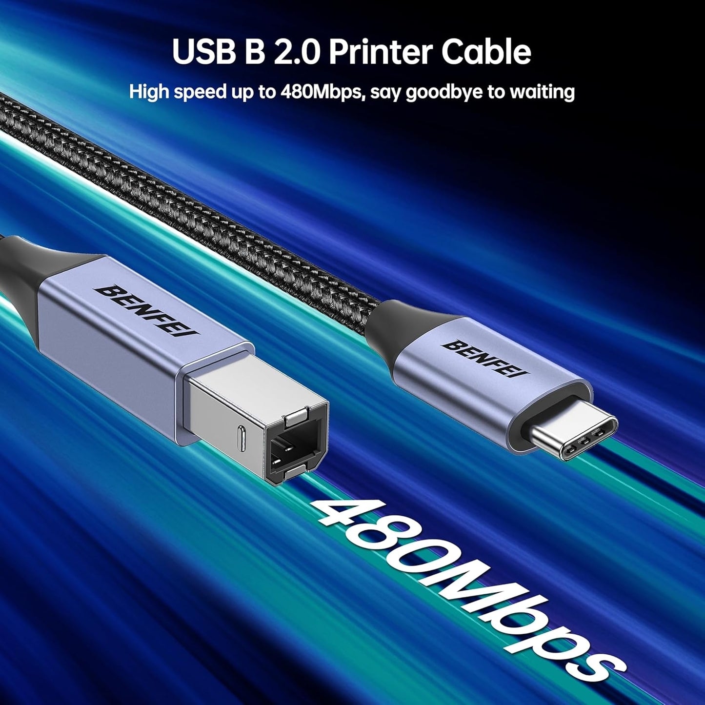 BENFEI 405GY-3M USB B to USB C Printer Cable, Nylon Braided, Premium Aluminium Alloy Case 2M