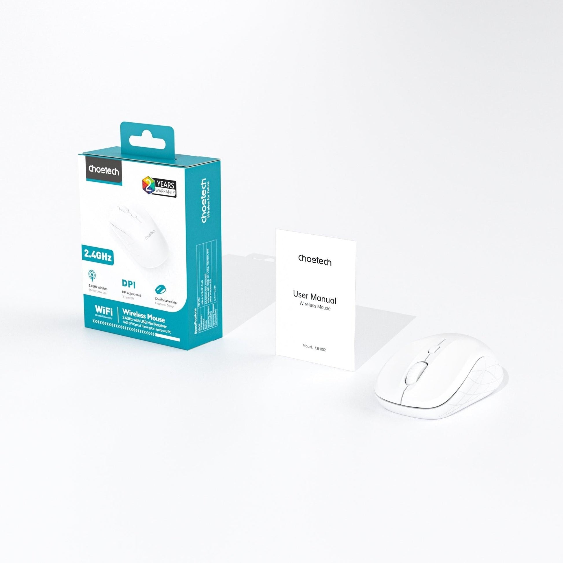 Choetech KB-002-WH single-mode 2.4G wireless mouse, white.