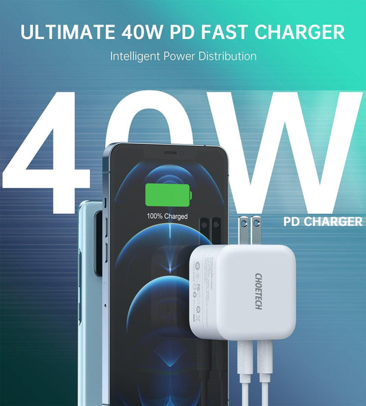 Choetech PD6009 40W Dual Fast USB C Charger 2-Port 20W PD 3.0 With Foldable Plug.