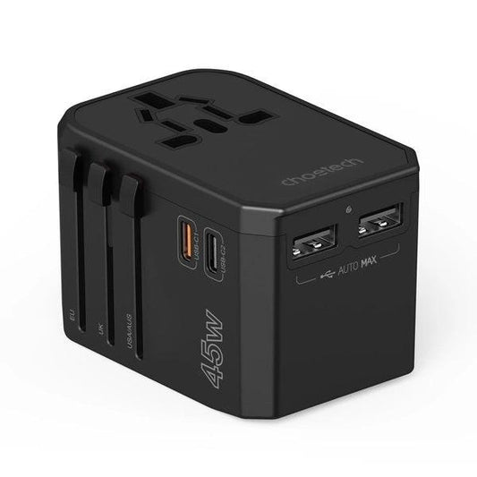 CHOETECH PD6045 GaN Tech 2C+2A 45W Travel Adapter with US EU UK AU Plugs Black.
