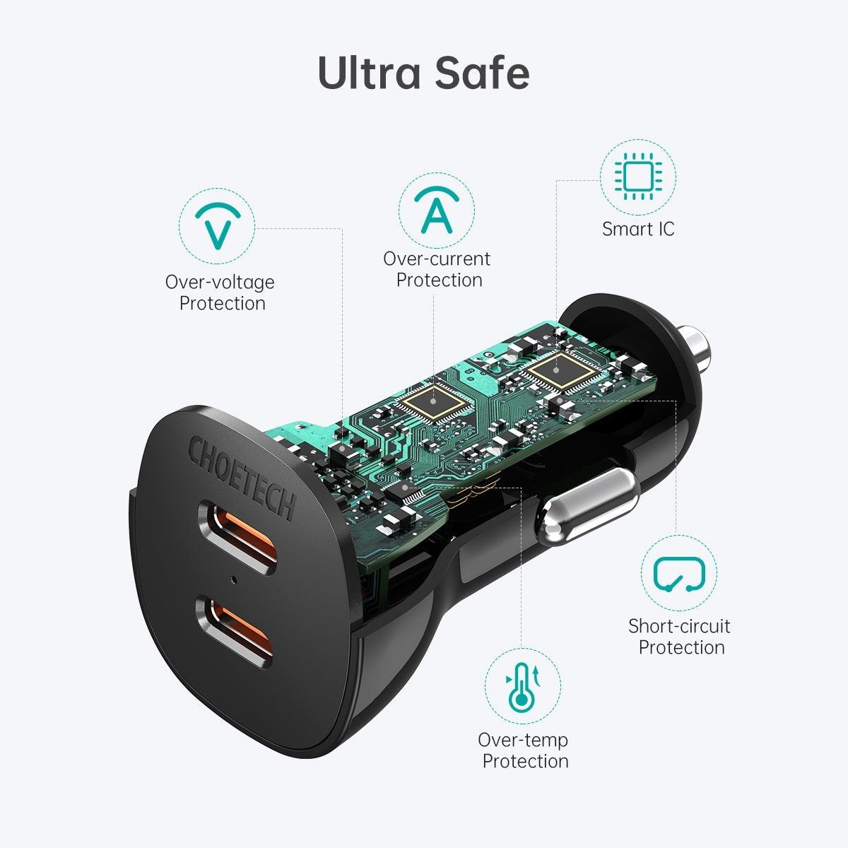 CHOETECH TC0008-BK Dual USB-C 36W Car Charger Adapter Black.